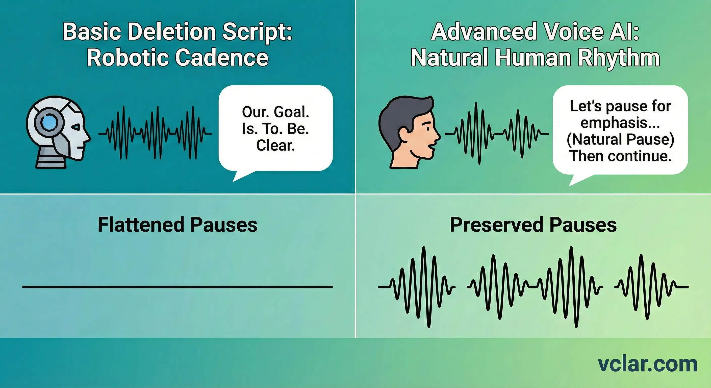Comparison infographic: Basic deletion flattens pauses into robotic cadence, while advanced AI preserves natural human rhythm.