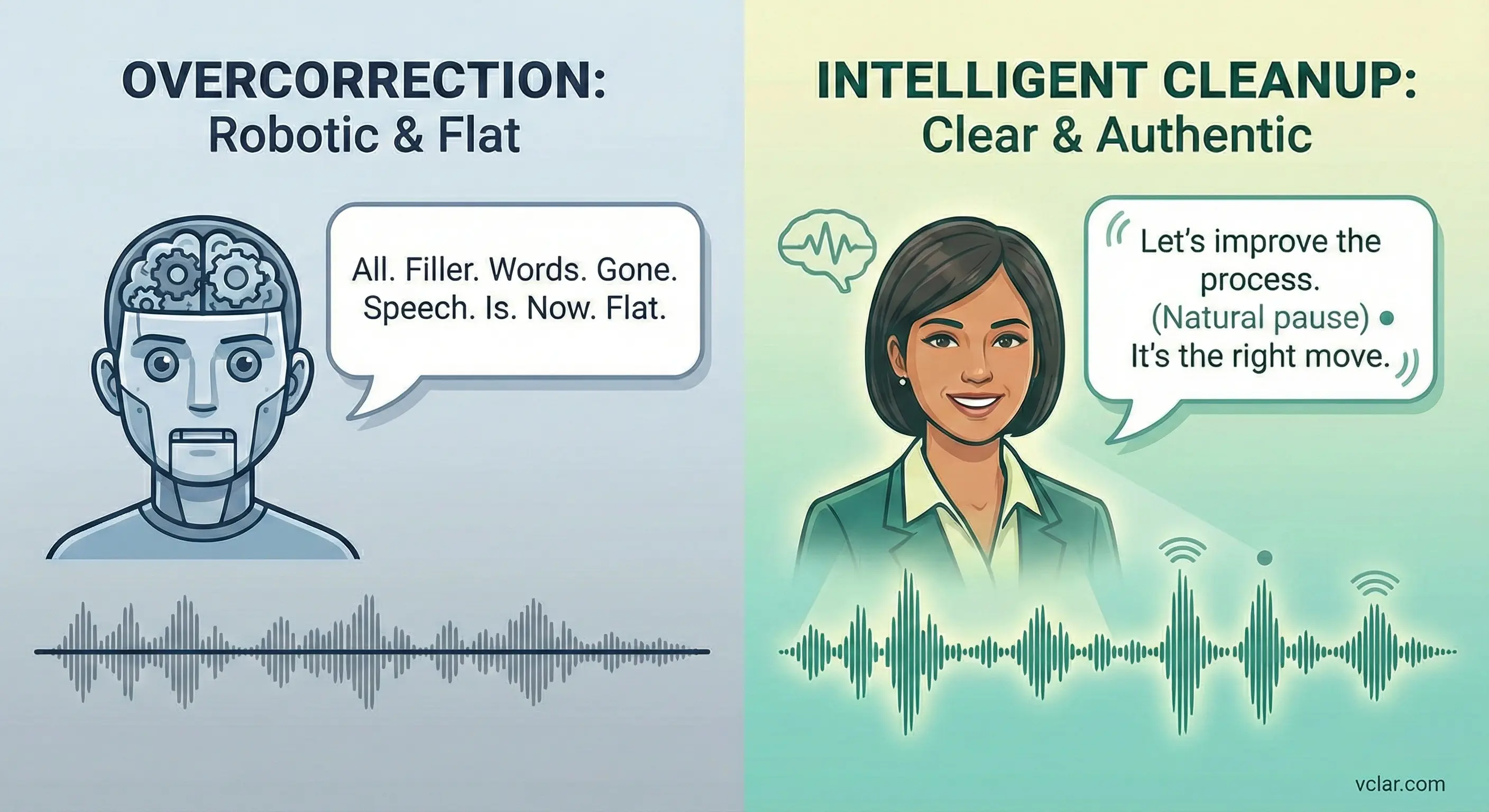 Illustration comparing robotic speech overcorrection versus intelligent AI that naturally removes filler words from audio.