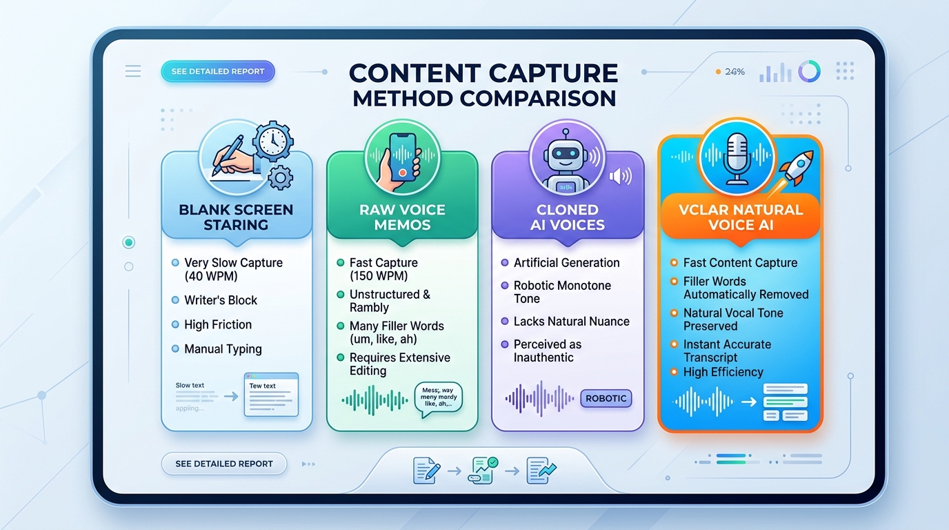Content capture method comparison infographic contrasting blank screen staring, raw voice memos, cloned AI voices, and VClar natural voice AI