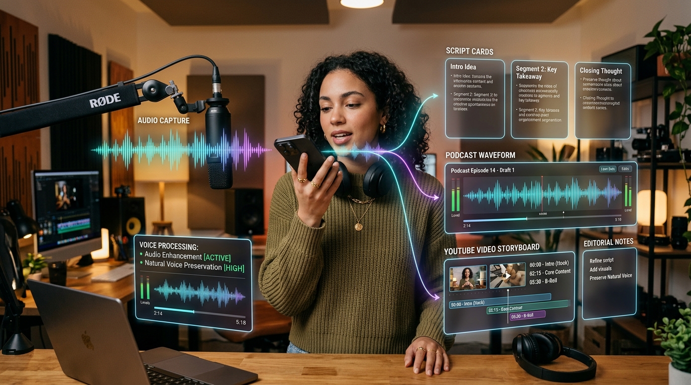 Content creator in studio recording voice notes on smartphone with audio waveforms turning into video script cards, podcast tracks, and editorial feedback
