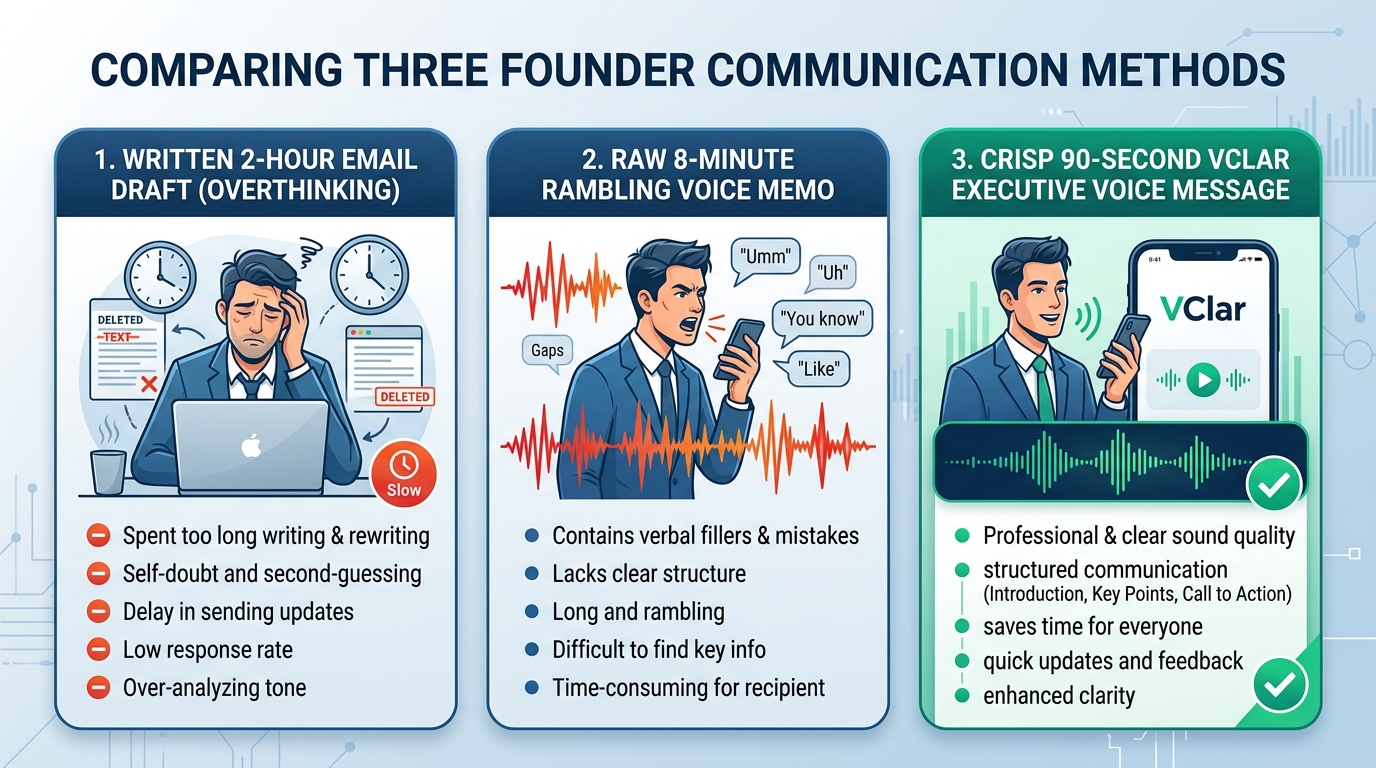 Infographic comparing 2-hour email drafting, 8-minute rambling voice memos, and crisp 90-second VClar executive voice messages