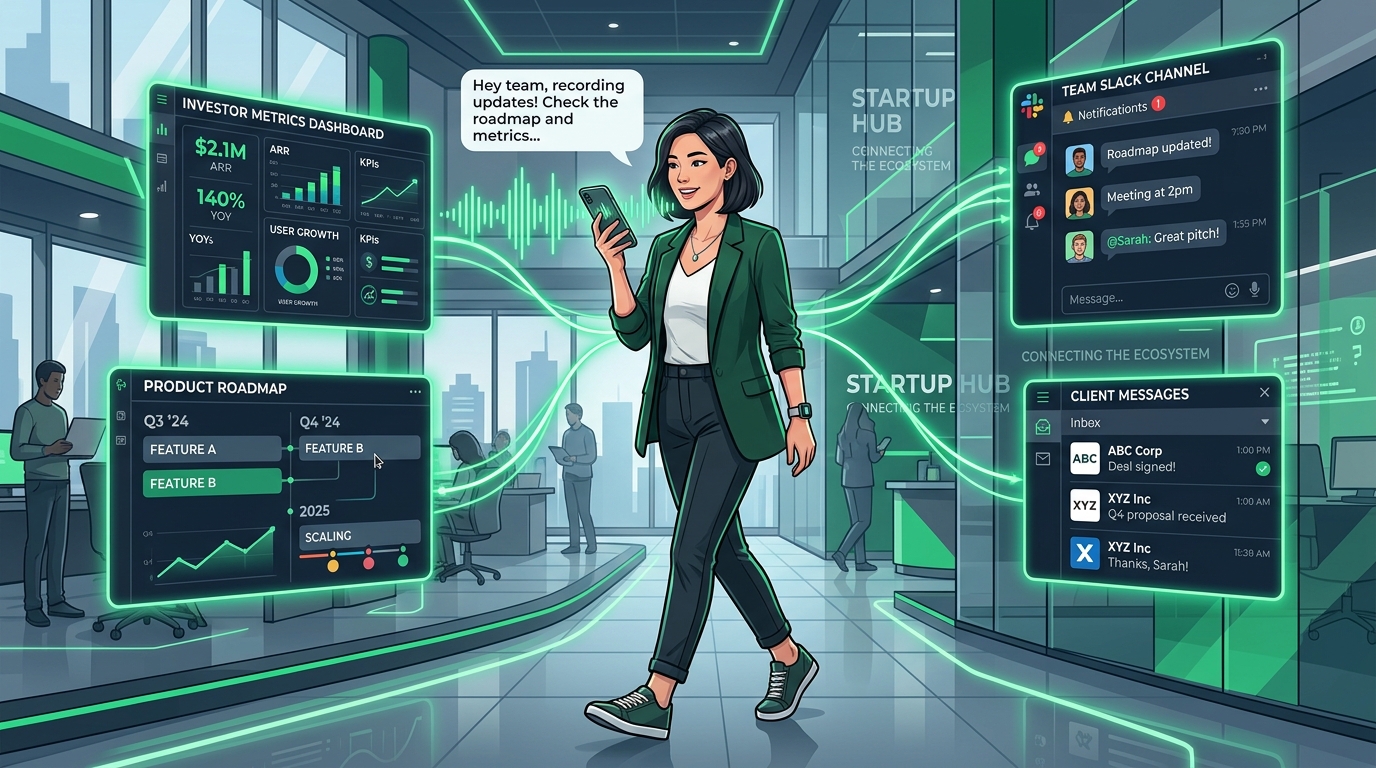 Startup founder walking through a modern office recording voice notes that connect to investor dashboards, team channels, and product roadmaps