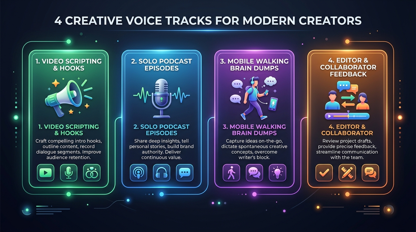 Infographic showing four creative voice tracks: Video Scripting & Hooks, Solo Podcast Episodes, Mobile Walking Brain Dumps, and Editor & Collaborator Feedback