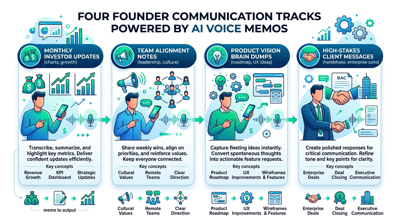 Infographic showing four founder communication tracks powered by AI voice memos: investor updates, team alignment, product vision, and client messages