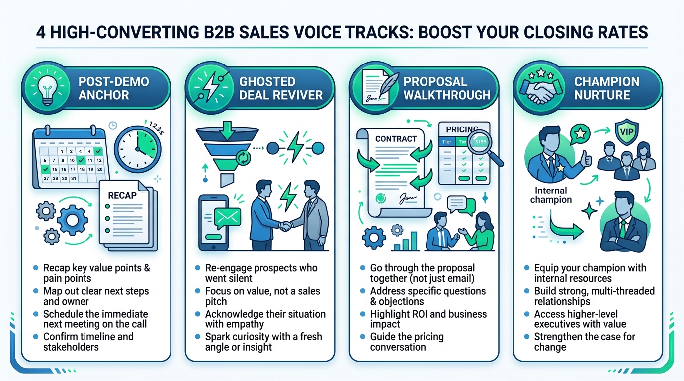 Infographic showing four high-converting B2B sales voice tracks: Post-Demo Anchor, Ghosted Deal Reviver, Proposal Walkthrough, and Champion Nurture