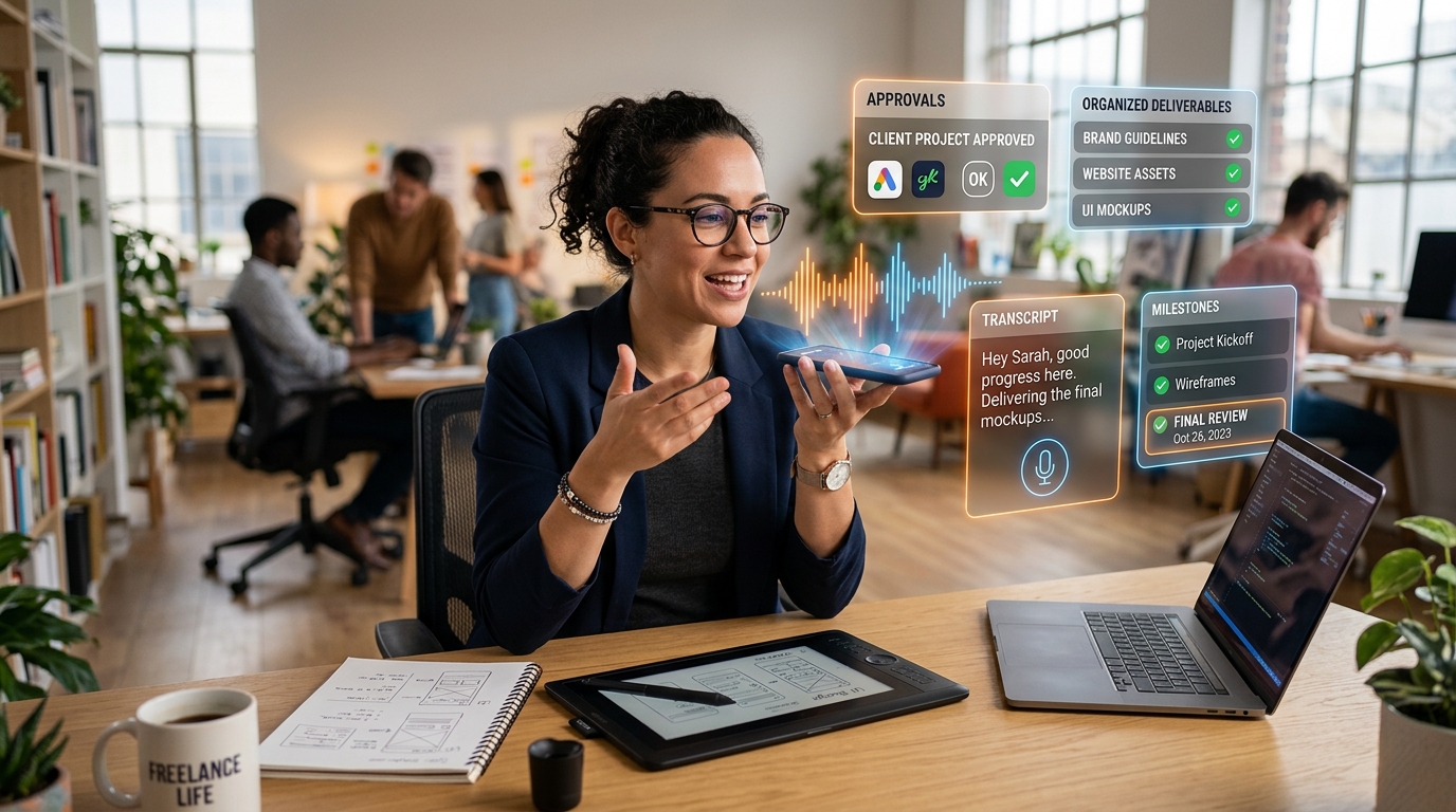 Independent freelancer and digital consultant recording client voice notes on smartphone with audio waveforms turning into client project approvals, deliverables, and clean transcripts