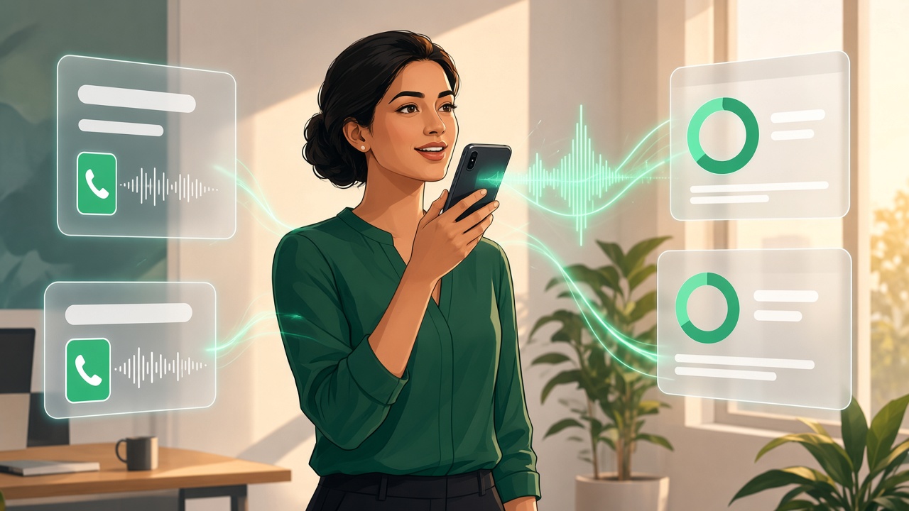 Woman recording a Hindi voice note on her phone in a sunlit home office, with abstract audio waveform panels