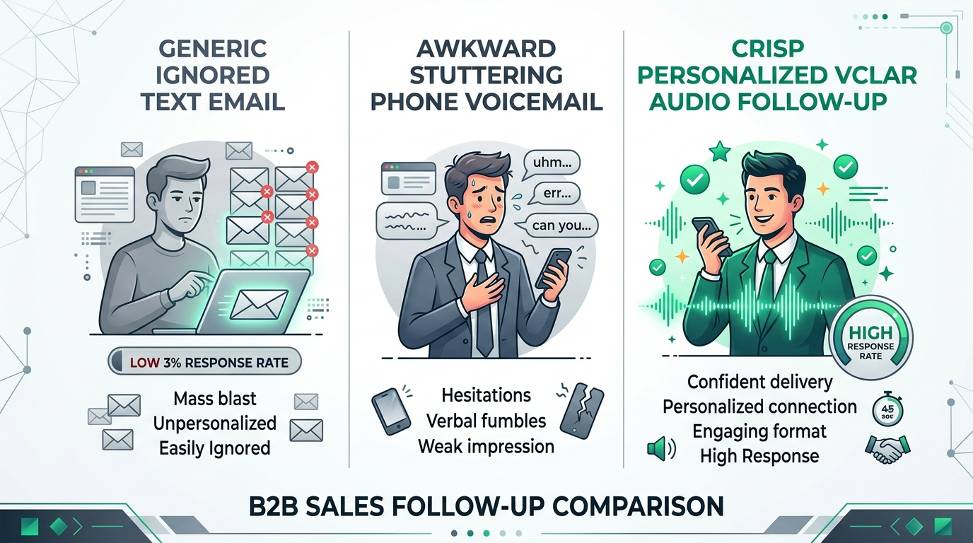Infographic comparing generic ignored text emails, awkward phone voicemails, and crisp personalized VClar audio follow-ups