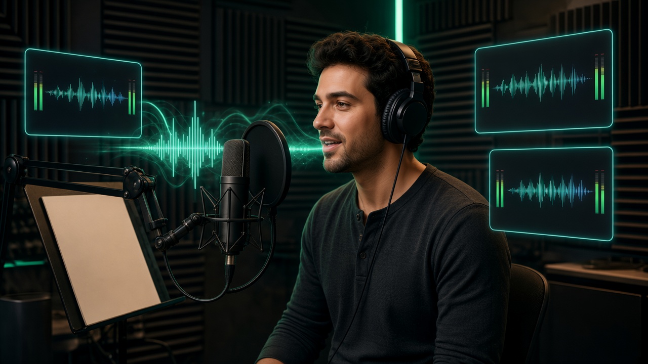 Voice actor recording an audition in a treated studio booth with a microphone, headphones, and a glowing audio waveform